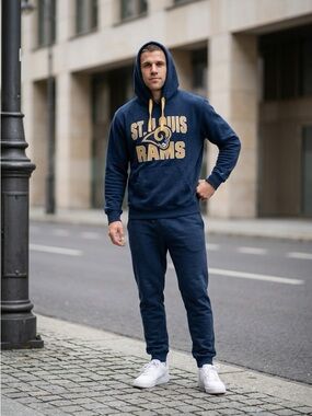 NFL St. Louis Rams Men’s Large Graphic “St. Louis Rams” Navy & Tan Hoodie EUC